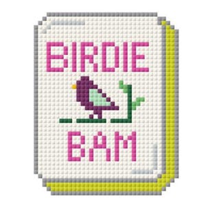 May include: A square, pixelated design featuring the words "BIRDIE BAM" in pink block letters. A purple bird with a yellow beak and green accents perches on a green stem. The background is white with a textured pattern.