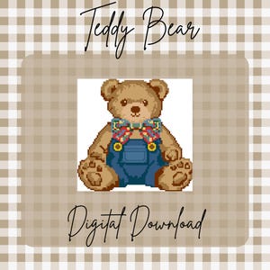 Może przedstawiać: Pikselowany pluszowy miś w niebieskich ogrodniczkach i kolorowej muszce. Tekst "Teddy Bear" znajduje się na górze, a "Digital Download" na dole, na beżowo-białym tle w kratkę.