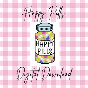 Puede incluir: Un gráfico de descarga digital que presenta un frasco pixelado de "Happy Pills" con una tapa azul, lleno de pastillas de colores. El texto "Happy Pills" está en el frasco, y "Digital Download" está debajo. El fondo es un patrón de cuadros rosas y blancos.