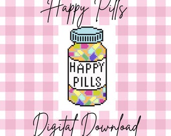 Happy Pills Needlepoint Chart | Medicine Bottle Needlepoint Pattern | Funny Needlepoint Design | Digital Download  | Cross Stitch Chart