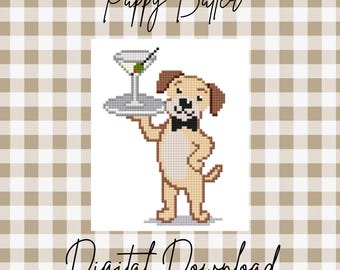 Gráfico de bordado de un lindo cachorro mayordomo / Cachorro sosteniendo un martini en bandeja de plata / Patrón de punto de cruz y bordado / Descarga digital