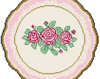 Traditional Antique China Plate Needlepoint Chart | Grandmillennial Cottagecore Decor | Digital Cross Stitch Pattern