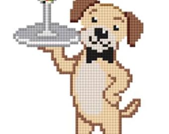 Patrón de bordado de perro divertido / Cachorro mayordomo sirviendo martini / Descarga digital de punto de cruz y bordado