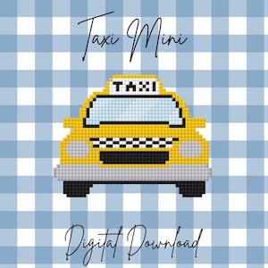 May include: A pixelated yellow taxi cab illustration with the word "TAXI" on top. The taxi has a black and white checkered pattern on the front. The words "Taxi Mini" and "Digital Download" are written in cursive script on a blue and white checkered background.