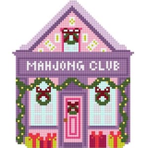 May include: A cross-stitch design of a building with the text "MAHJONG CLUB" above the entrance. The building is lavender with pink accents, decorated with wreaths, garlands, and gift boxes, suggesting a festive theme.