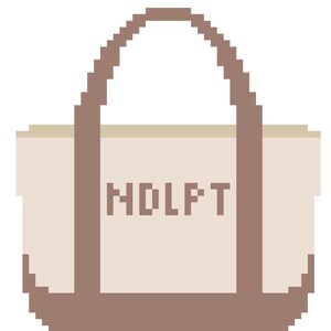 May include: A pixel art style tote bag in a light beige color with brown handles and a brown base. The text "NDLPT" is centered on the front of the bag in a brown pixelated font. The design features a simple rectangular shape with two vertical straps.
