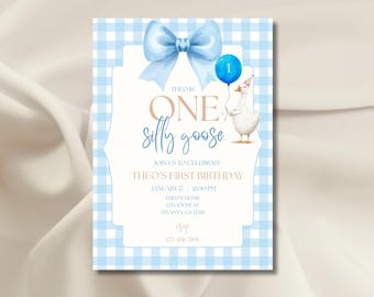 One Silly Goose 1st Birthday Invitation | Blue Gingham (Editable Canva Template)