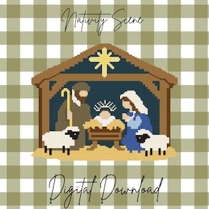 May include: A pixelated illustration of a Nativity scene with the text "Nativity Scene" and "Digital Download". The scene depicts Mary, Joseph, baby Jesus, and two sheep inside a stable. The background is a green and white checkered pattern.
