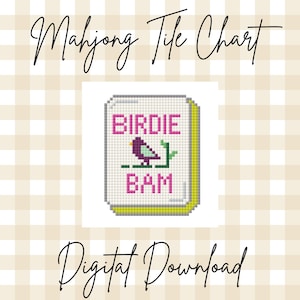 Puede incluir: Imagen de descarga digital con un gráfico de fichas de Mahjong. La ficha muestra las palabras "Birdie Bam" con un pájaro morado y una ilustración de rama verde. El fondo es un patrón de cuadros beige y blanco.