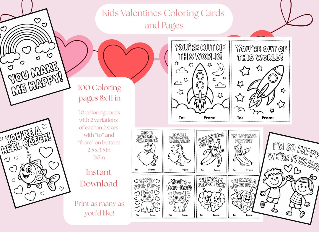 Printable Kids Valentines Coloring Cards | Classroom Valentines Day ...