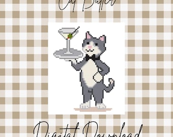 Cute Butler Cat Needlepoint Chart | Cat Holding Martini on Silver Platter | Cross Stitch & Needlepoint Digital Download