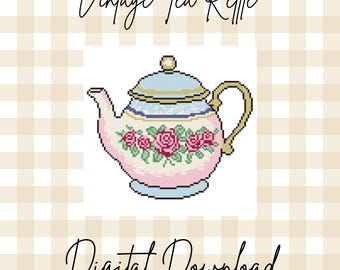 Traditionelle antike Teekanne Nadelstich Vorlage | Grandmillennial Cottagecore Tea Nadelspitze | Digitales Kreuzstichmuster