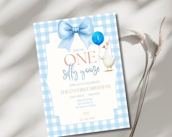 One Silly Goose 1st Birthday Invitation | Blue Gingham (Editable Canva Template) | Grand Millenial | First Birthday Invite