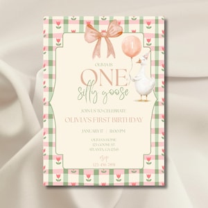 May include: A birthday invitation with a whimsical design. The invitation features a watercolor illustration of a goose holding a balloon. The text reads "Olivia is One Silly Goose" with event details.