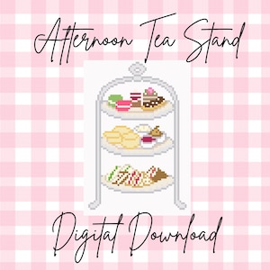 May include: A digital illustration of a three-tiered afternoon tea stand, laden with miniature pastries and sweets. The stand is white, and the background is a pink and white checkered pattern. The text "Afternoon Tea Stand" and "Digital Download" are written in a script font.
