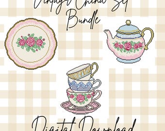 Bundel met traditionele antieke Chinese borduurkaart | Theekopjes theepot bord | Grandmillennial Cottagecore | Digitale kruissteekpatronen