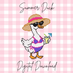 May include: A pixelated illustration of a duck wearing sunglasses, a straw hat with a pink band, and a pink and purple bikini. The duck is holding a drink with a blue umbrella. The text "Summer Duck" and "Digital Download" are above and below the duck.