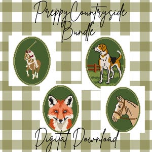 May include: A digital download featuring four oval portraits with green borders and a gingham background. The portraits depict a polo player on a horse, a dog, a fox, and a horse. The text "Preppy Countryside Bundle" and "Digital Download" are also present.