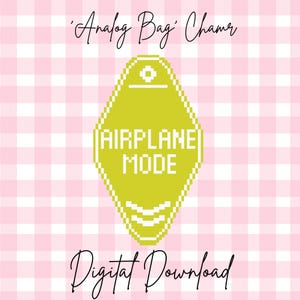 May include: A digital download graphic with a lime green airplane mode design on a pink and white checkered background. The text reads "Analog Bag Charm" and "Digital Download".