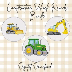 Construction Vehicle Needlepoint Bundle | Bulldozer Tractor Excavator Charts | Construction NDLPT Patterns | Cross Stitch Design Bundle