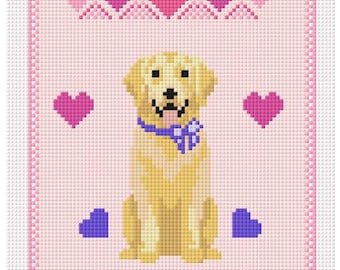 May include: A cross-stitch design featuring a golden retriever dog with a blue bow tie, surrounded by pink hearts and the words "BE MINE". The background is a light pink color, with a pink border.