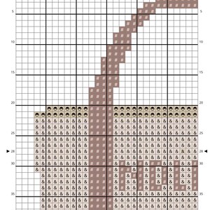 May include: A cross stitch pattern chart on a white grid background, labeled Section 1 and Page 2 of 7 NDLPT tote. The design features a central vertical brown column, a curved brown line, and rows of ampersand symbols and circles.