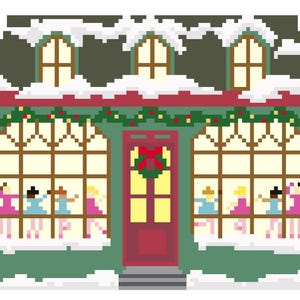 May include: Pixelated illustration of a festive building with a snow-covered roof and windows. The building is decorated with garlands and a red door with a wreath. Two toy soldiers stand on either side. The windows display figures.