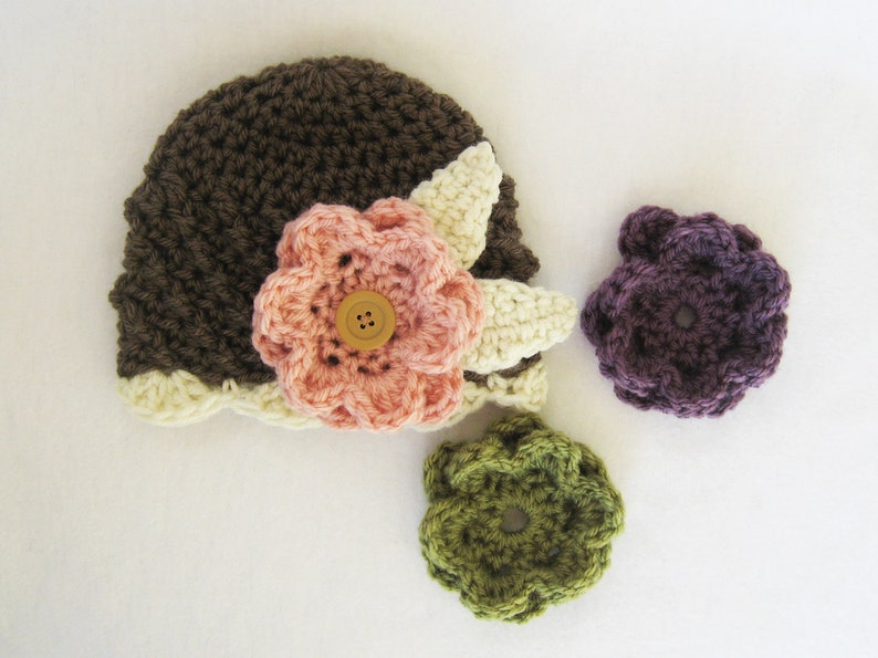 CROCHET PATTERN Interchangeable Beanie & Flowers 5 sizes included newborn Baby girl hat crochet flowers infant girl hat flower hat image 2