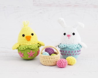 MOTIFS AU CROCHET - Oeuf de Pâques Lapin et Poussin - Oeufs de Pâques amigurumi, Lapin au crochet, Poussin au crochet, Motif de Pâques, Panier d'oeufs de lapin de Pâques