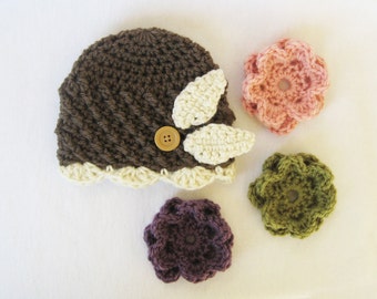 CROCHET PATTERN Interchangeable Beanie & Flowers (5 sizes included) newborn Baby girl hat crochet flowers infant girl hat flower hat