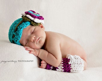 CROCHET PATTERN - Blueberry Muffin Beanie / Headband & Leg Warmers - crochet hat pattern baby photo prop flower headband PDF pattern