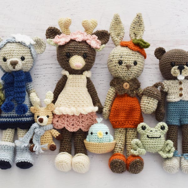 CROCHET PATTERNS - Four Seasons Dolls - Bunny, Bear, Deer, Beaver, stuffed toy, amigurumi,stuffed toy animal, woodland, crochet patterns