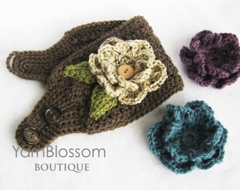 Crochet Ear Warmer PATTERN -Ear Warmer with Interchangeable Flowers- headband pattern crochet flower winter PDF instant download