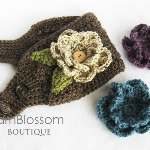 Crochet Ear Warmer PATTERN -Ear Warmer with Interchangeable Flowers- headband pattern crochet flower winter PDF instant download