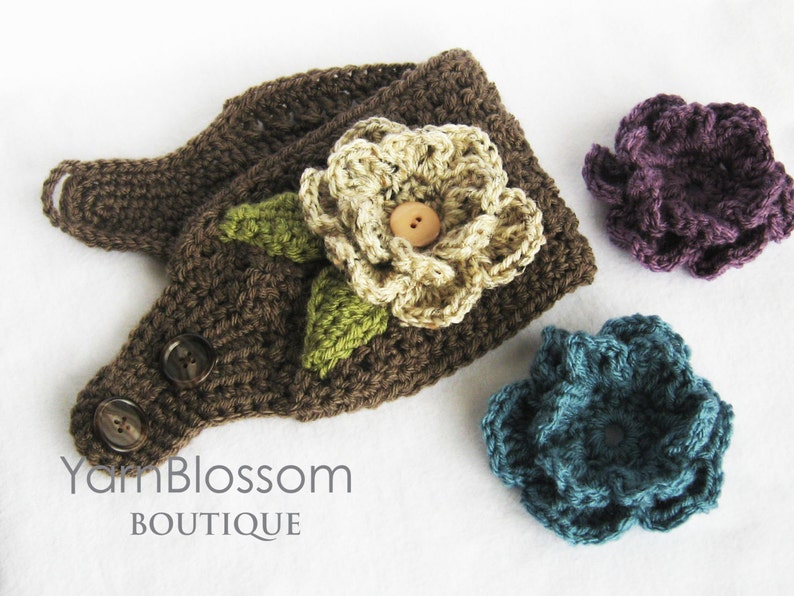 Crochet Ear Warmer PATTERN Ear Warmer with Interchangeable Flowers headband pattern crochet flower winter PDF instant download image 1