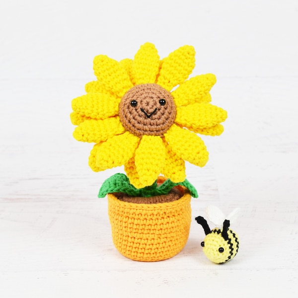 CROCHET PATTERN - Potted Sunflower and honey bee amigurumi pattern