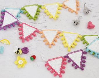 CROCHET PATTERN - Crochet Bunting - instructions to make a rainbow crochet bunting with pom-pom trim, handmade decor, crochet decorations