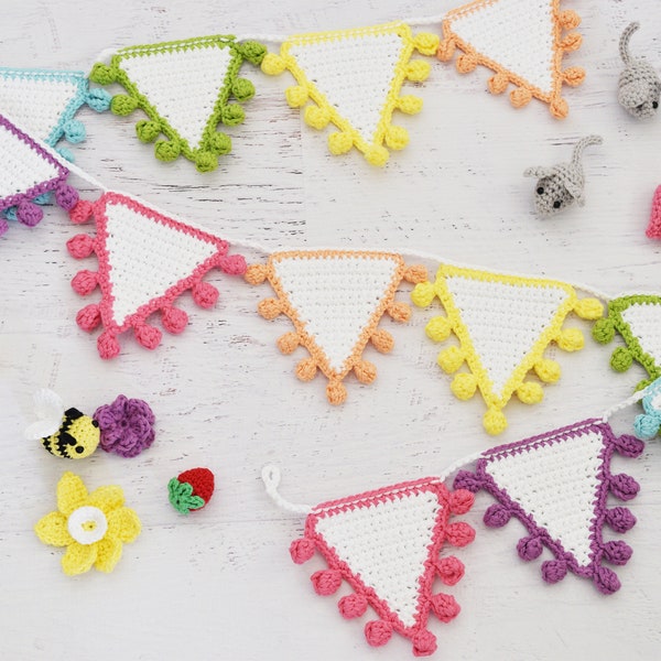 CROCHET PATTERN - Crochet Bunting - instructions to make a rainbow crochet bunting with pom-pom trim, handmade decor, crochet decorations