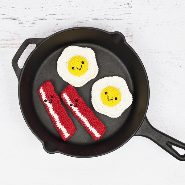 CROCHET PATTERN - Kawaii Bacon and Eggs - PDF pattern of amigurumi crochet food fried egg bacon strip