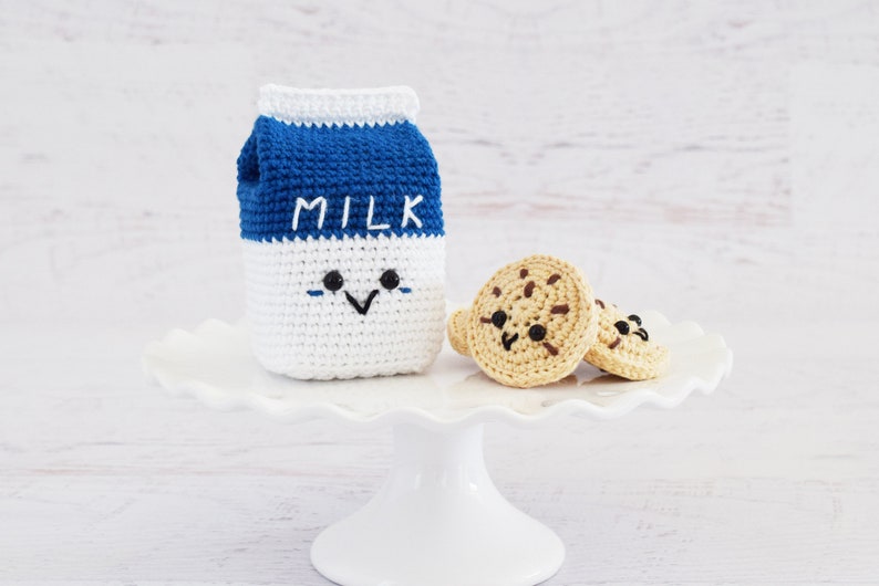 CROCHET PATTERN Milk and Cookies PDF Instant Download, milk carton, chocolate chip cookies, amigurumi food, pretend play, crochet food image 1