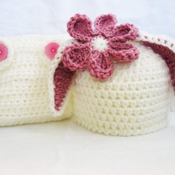 CROCHET PATTERN - Bunny Ear Beanie & Diaper Cover - rabbit hat photo prop Easter sizes newborn to 6 months PDF Pattern