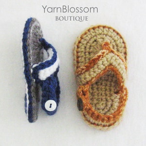 May include: Two pairs of crocheted sandals, one in blue and white with a grey sole, and the other in beige and brown. Both sandals have a button closure.