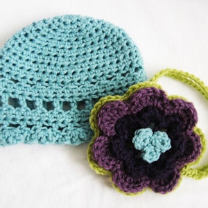 Baby Girl CROCHET PATTERN Blueberry Muffin Beanie / Headband & Leg Warmers 4 sizes included, PDF instant download, photo prop flower hat image 4