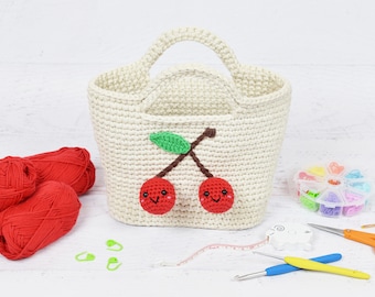 SCHEMA ALL'UNCINETTO - Borsetta con ciliegie - istruzioni per realizzare una borsa all'uncinetto, tote, borsetta kawaii, ciliegie amigurumi