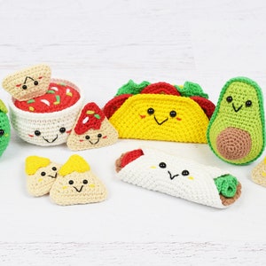 CROCHET PATTERN - Mexican Fiesta - PDF pattern includes 6 different Mexican food patterns: Avocado, Crunchy & Soft Taco, Lime, Nachos, Salsa