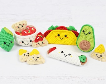 CROCHET PATTERN - Mexican Fiesta - PDF pattern includes 6 different Mexican food patterns: Avocado, Crunchy & Soft Taco, Lime, Nachos, Salsa