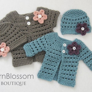 CROCHET PATTERN Mini Miss Cardigan & Beanie baby sweater baby girl hat preemie newborn crochet tutorial PDF download image 1