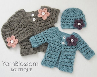 CROCHET PATTERN - Mini Miss Cardigan & Beanie - baby sweater baby girl hat preemie newborn crochet tutorial PDF download