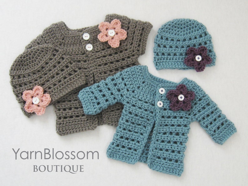 CROCHET PATTERN Mini Miss Cardigan & Beanie baby sweater baby girl hat preemie newborn crochet tutorial PDF download image 1