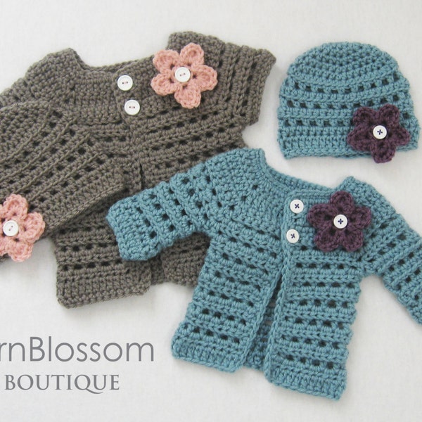 CROCHET PATTERN - Mini Miss Cardigan & Beanie - 4 sizes included, PDF baby girl preemie hat sweater clothing  baby shower gift